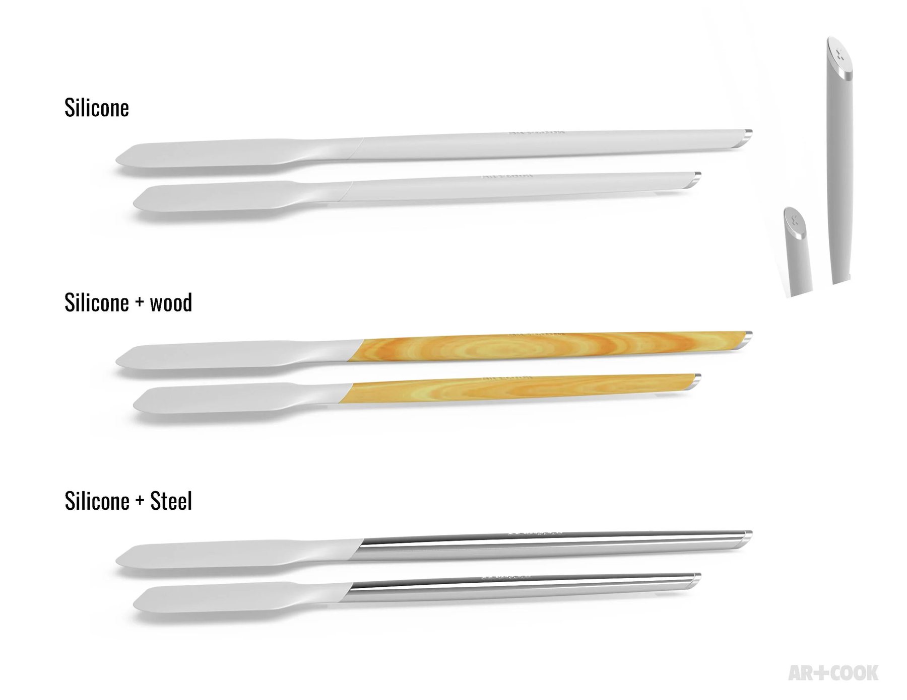 Art+Cook Signature Spatulas — silicone, wood, and steel handle constructions
