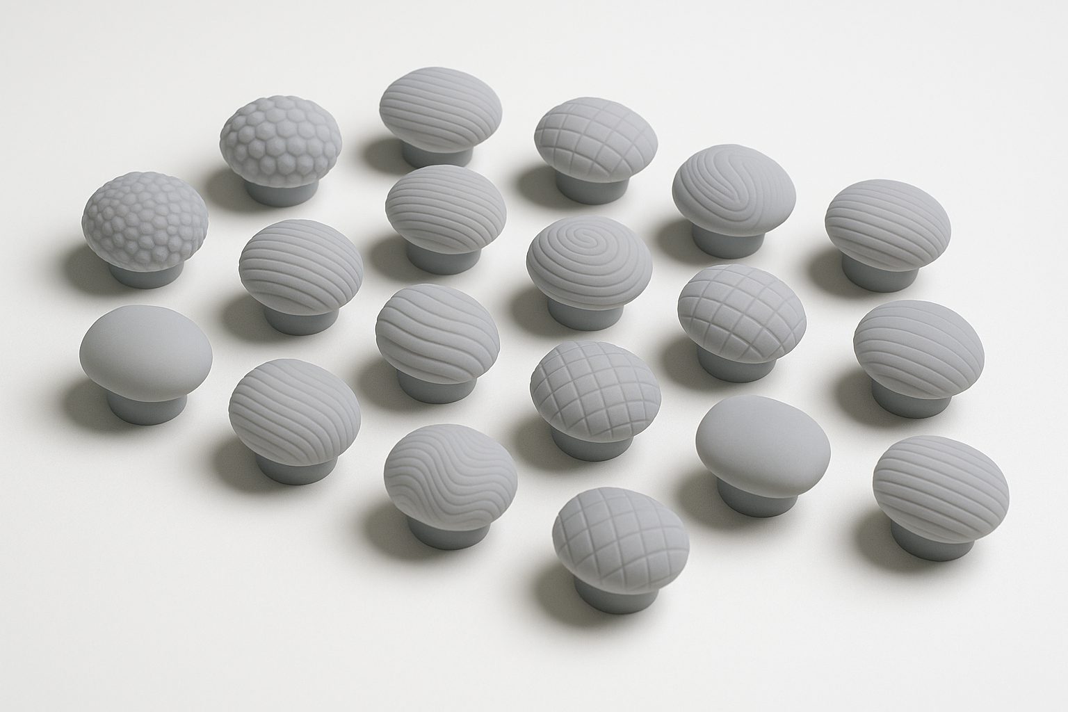 Loch Fyll closure texture study — nineteen carved surface treatments